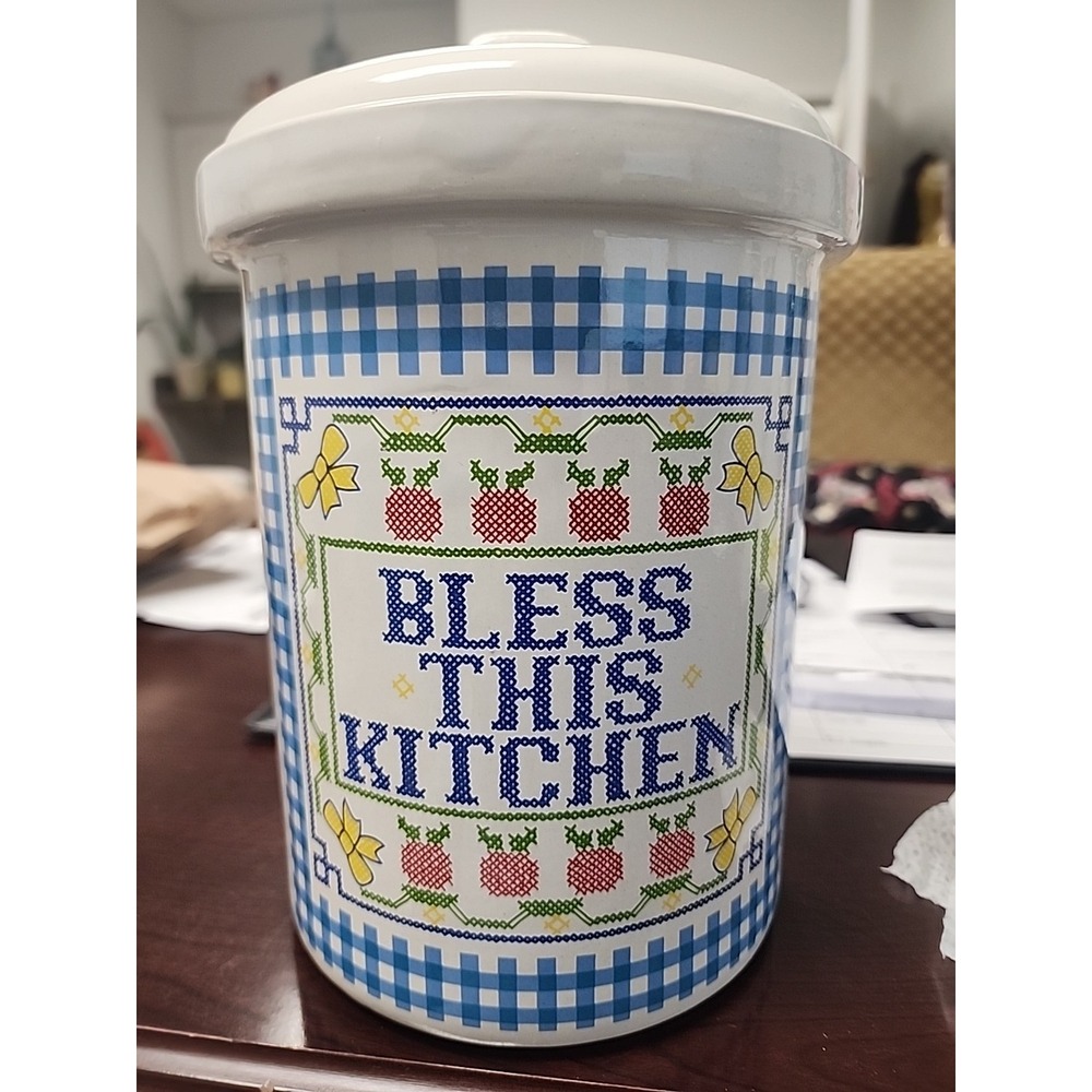 Vintage Myra Designs "Bless This‎ House" Porcelain Cookie Jar - Made in USA 1982